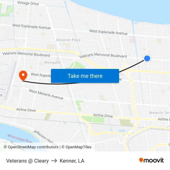 Veterans @ Cleary to Kenner, LA map