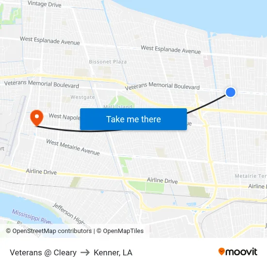 Veterans @ Cleary to Kenner, LA map