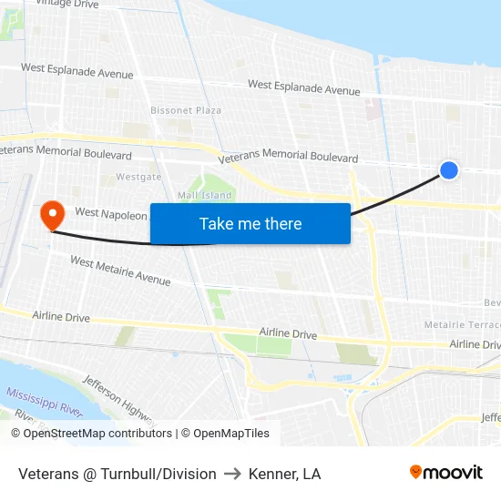 Veterans @ Turnbull/Division to Kenner, LA map