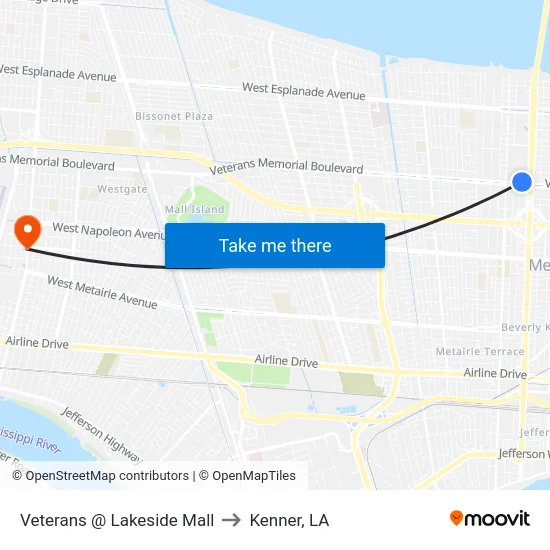 Veterans @ Lakeside Mall to Kenner, LA map