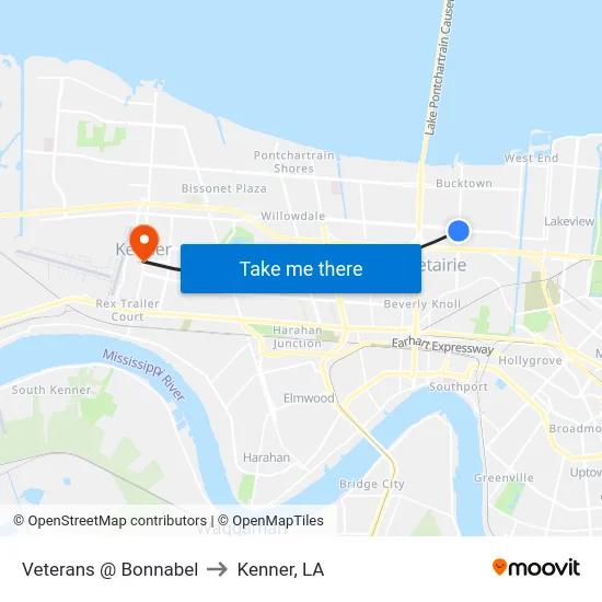 Veterans @ Bonnabel to Kenner, LA map