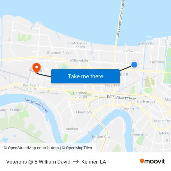 Veterans @ E William David to Kenner, LA map