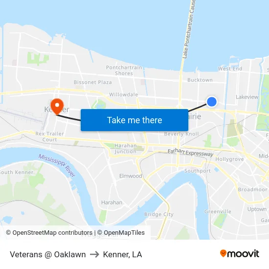 Veterans @ Oaklawn to Kenner, LA map
