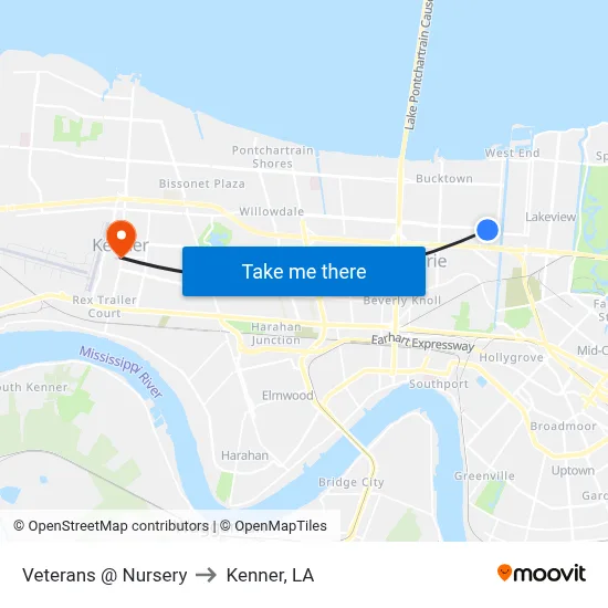 Veterans @ Nursery to Kenner, LA map