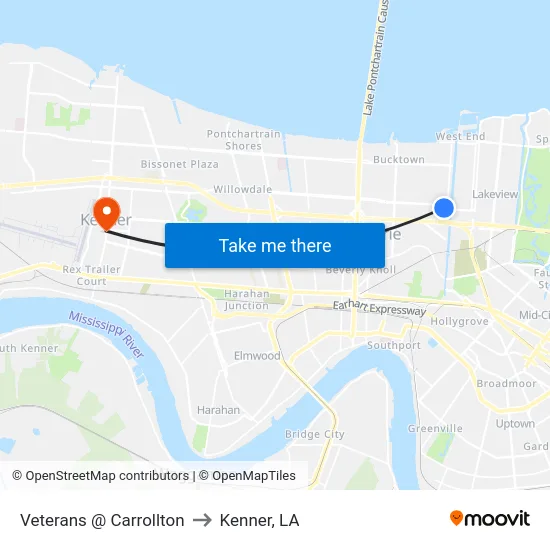 Veterans @ Carrollton to Kenner, LA map