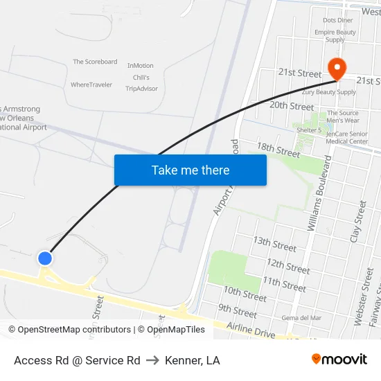 Access Rd @ Service Rd to Kenner, LA map