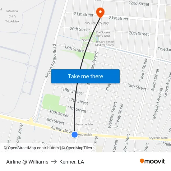 Airline @ Williams to Kenner, LA map