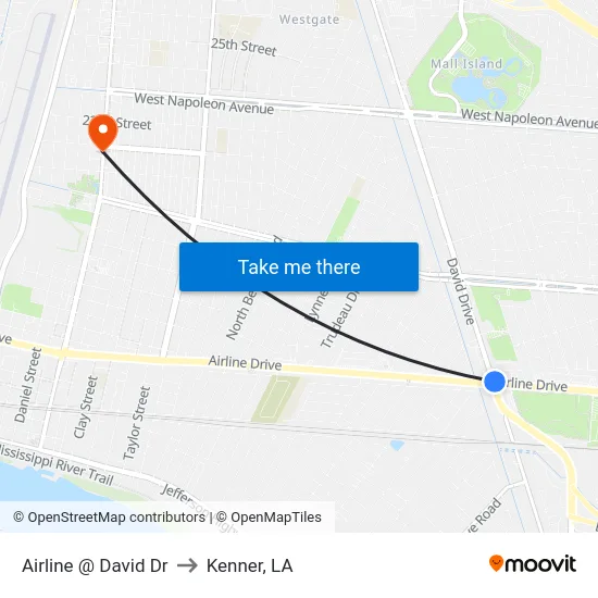 Airline @ David Dr to Kenner, LA map