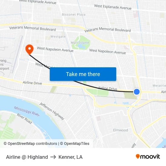 Airline @ Highland to Kenner, LA map