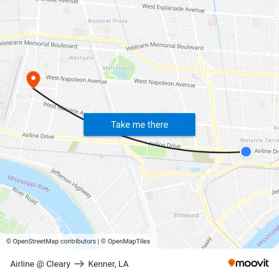 Airline @ Cleary to Kenner, LA map