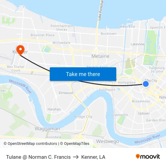 Tulane @ Norman C. Francis to Kenner, LA map