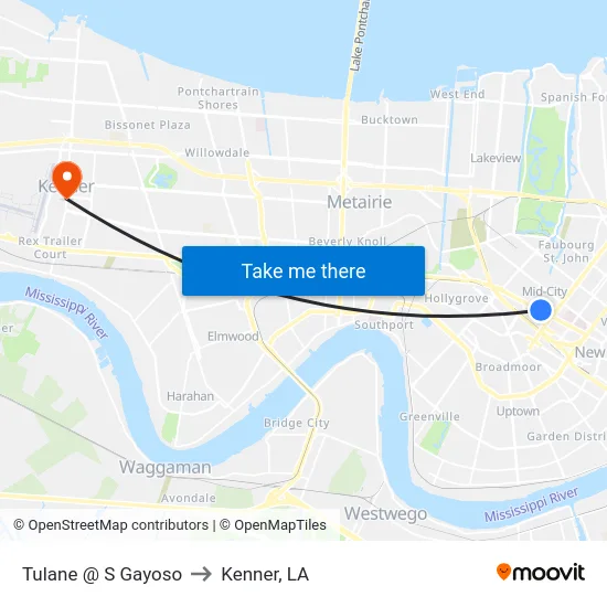 Tulane @ S Gayoso to Kenner, LA map