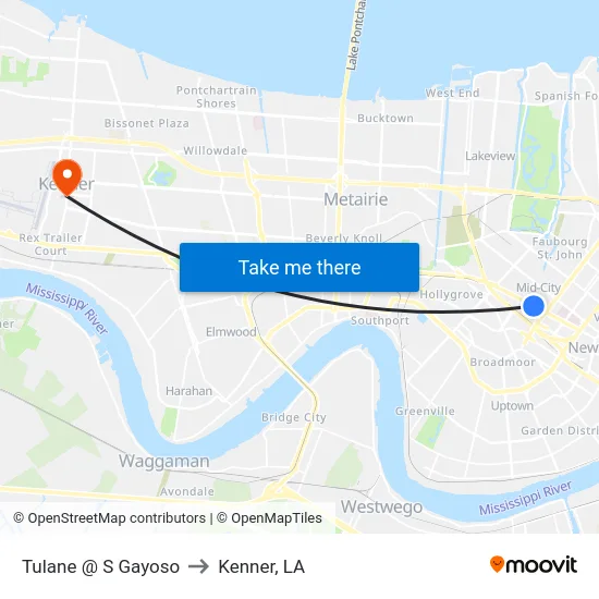 Tulane @ S Gayoso to Kenner, LA map