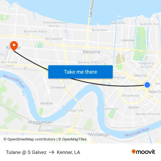 Tulane @ S Galvez to Kenner, LA map