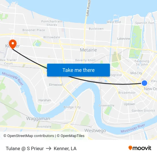 Tulane @ S Prieur to Kenner, LA map