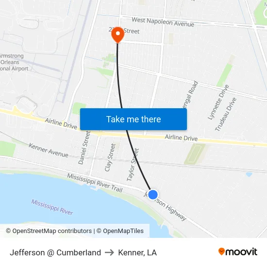 Jefferson @ Cumberland to Kenner, LA map
