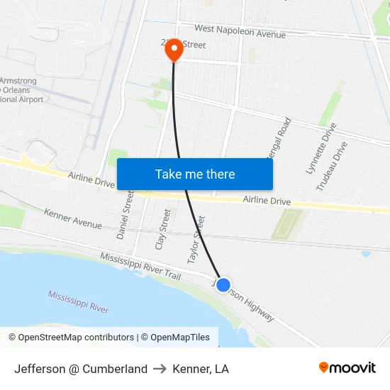 Jefferson @ Cumberland to Kenner, LA map
