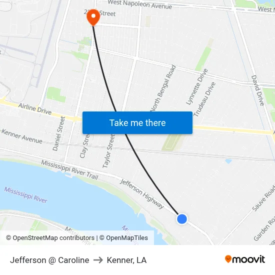 Jefferson @ Caroline to Kenner, LA map