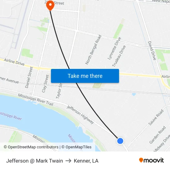 Jefferson @ Mark Twain to Kenner, LA map