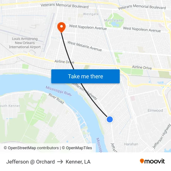 Jefferson @ Orchard to Kenner, LA map