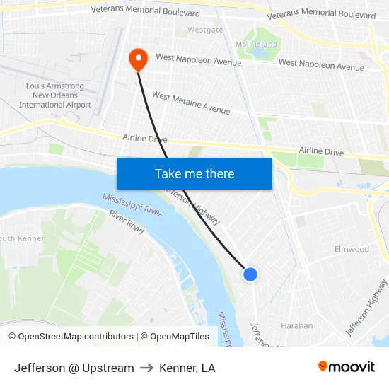 Jefferson @ Upstream to Kenner, LA map