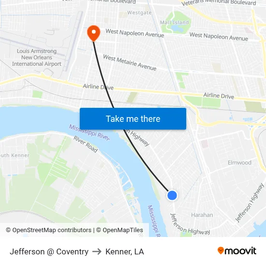 Jefferson @ Coventry to Kenner, LA map