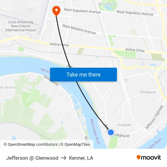 Jefferson @ Glenwood to Kenner, LA map