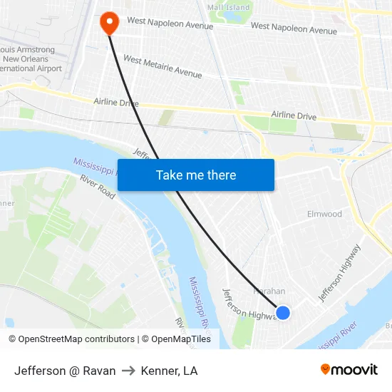 Jefferson @ Ravan to Kenner, LA map