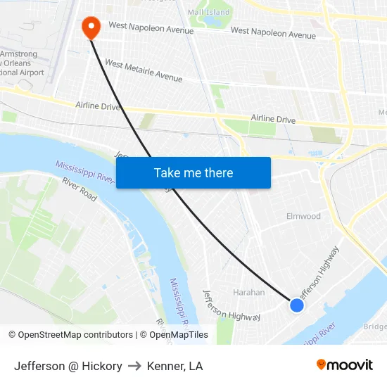Jefferson @ Hickory to Kenner, LA map