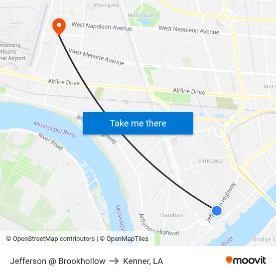 Jefferson @ Brookhollow to Kenner, LA map