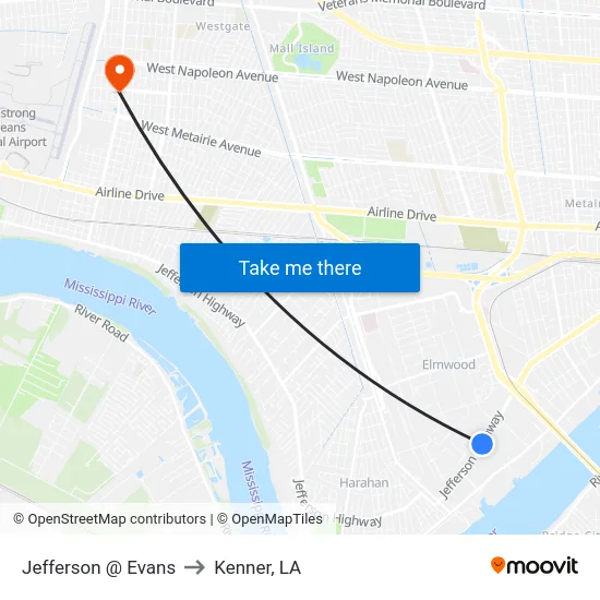 Jefferson @ Evans to Kenner, LA map
