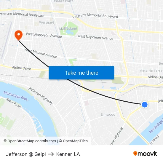 Jefferson @ Gelpi to Kenner, LA map
