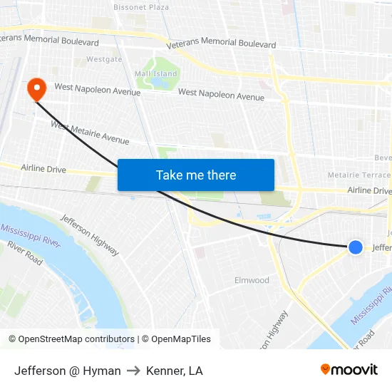 Jefferson @ Hyman to Kenner, LA map