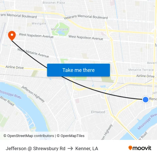 Jefferson @ Shrewsbury Rd to Kenner, LA map