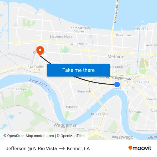 Jefferson @ N Rio Vista to Kenner, LA map