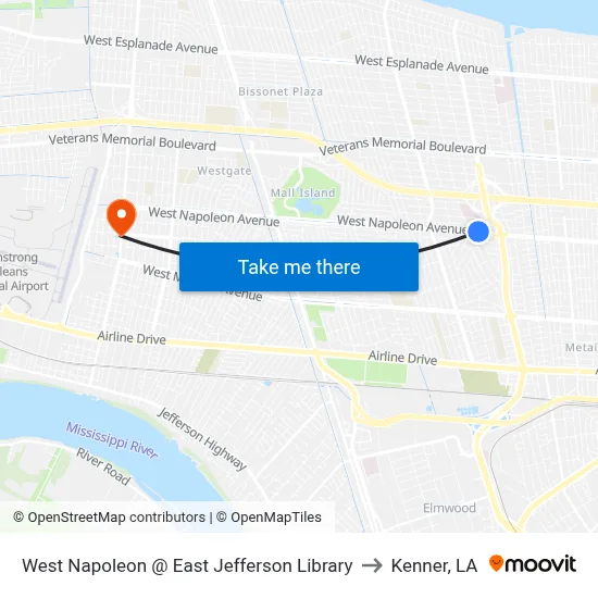 West Napoleon @ East Jefferson Library to Kenner, LA map