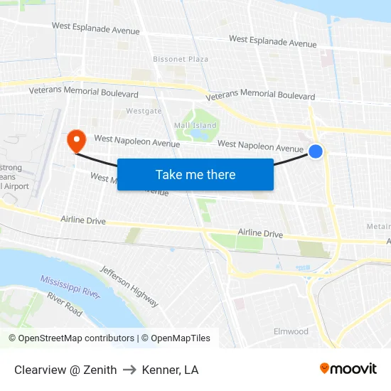 Clearview @ Zenith to Kenner, LA map