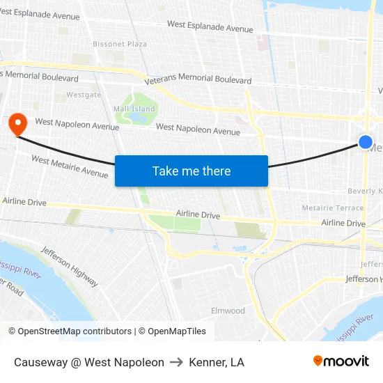 Causeway @ West Napoleon to Kenner, LA map