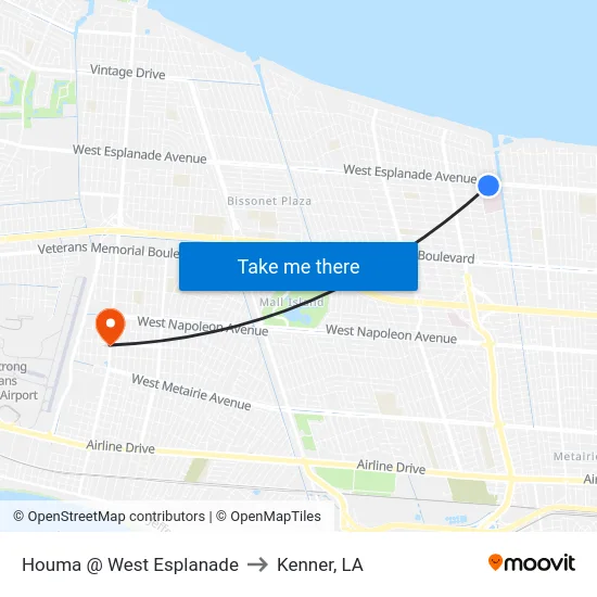 Houma @ West Esplanade to Kenner, LA map