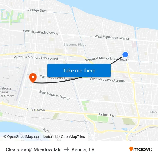 Clearview @ Meadowdale to Kenner, LA map