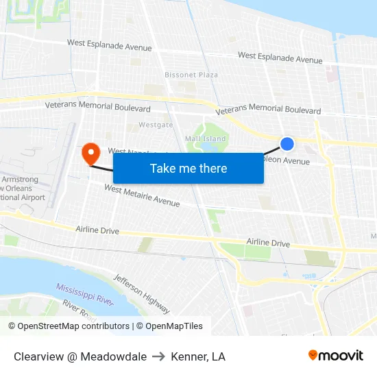 Clearview @ Meadowdale to Kenner, LA map