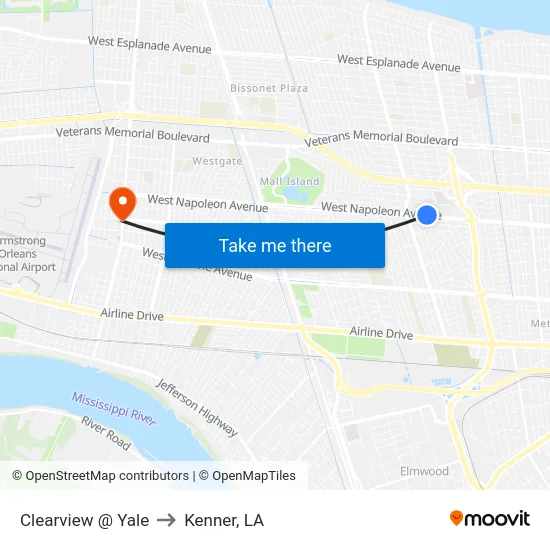 Clearview @ Yale to Kenner, LA map