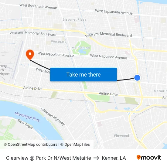 Clearview @ Park Dr N/West Metairie to Kenner, LA map