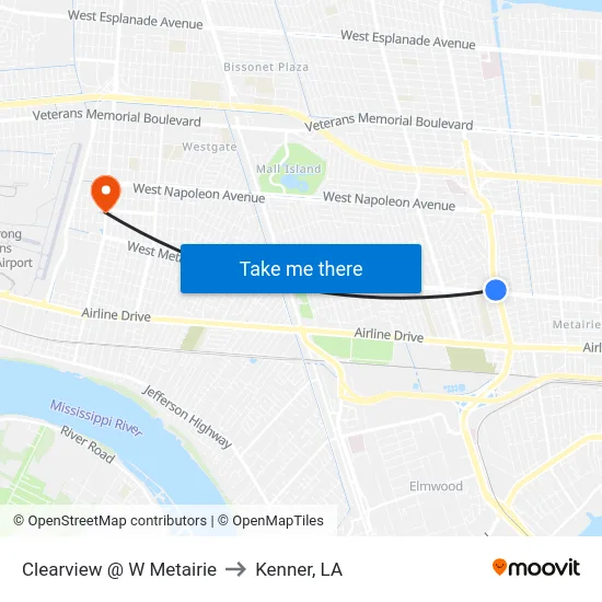 Clearview @ W Metairie to Kenner, LA map