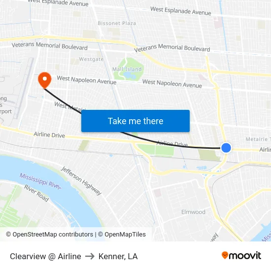 Clearview @ Airline to Kenner, LA map