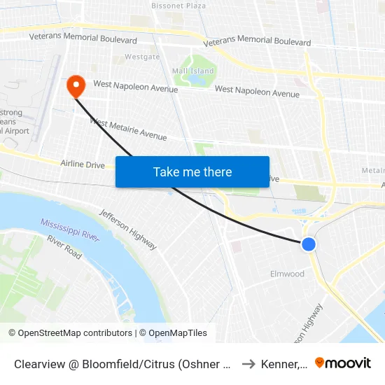 Clearview @ Bloomfield/Citrus (Oshner Hospital) to Kenner, LA map