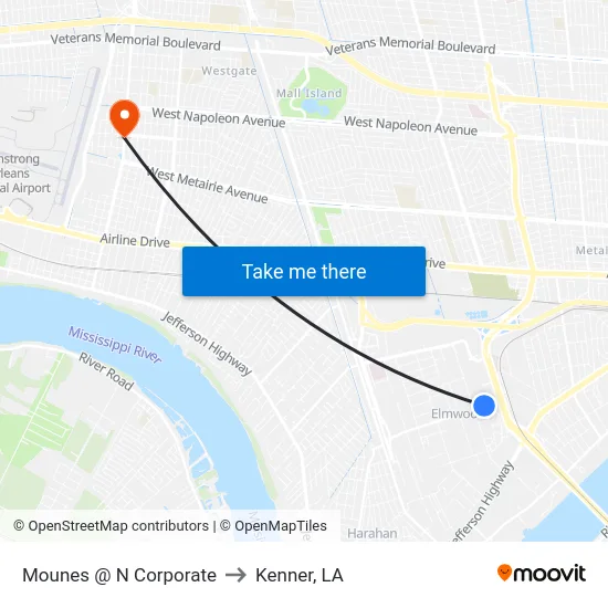 Mounes @ N Corporate to Kenner, LA map