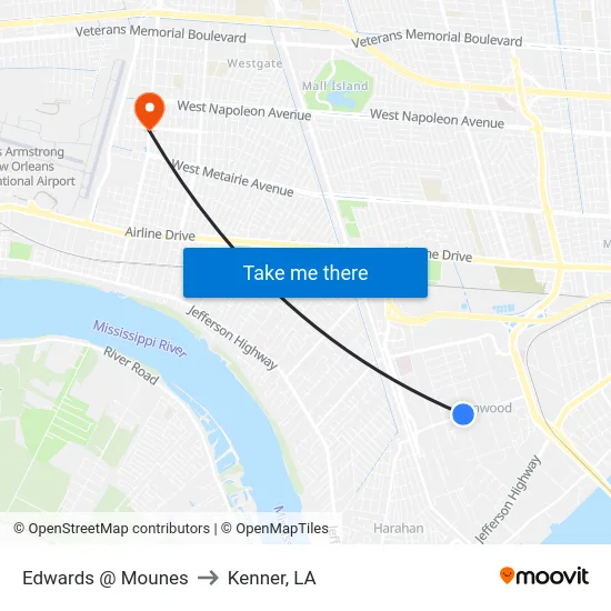 Edwards @ Mounes to Kenner, LA map