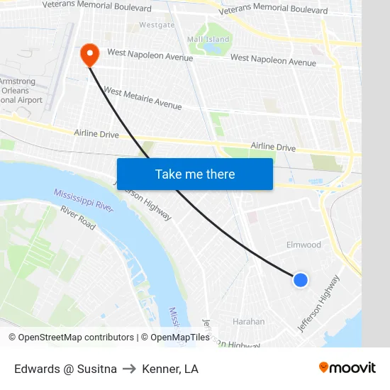 Edwards @ Susitna to Kenner, LA map