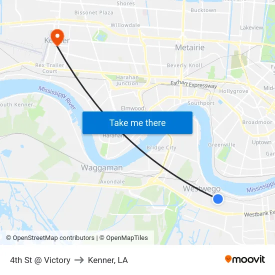 4th St @ Victory to Kenner, LA map